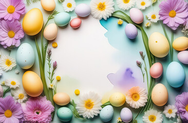 easter watercolor banner or postcard with empty space for text, made of easter eggs and flowers, pastel colours