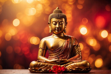 golden buddha statue, red and gold bokeh background