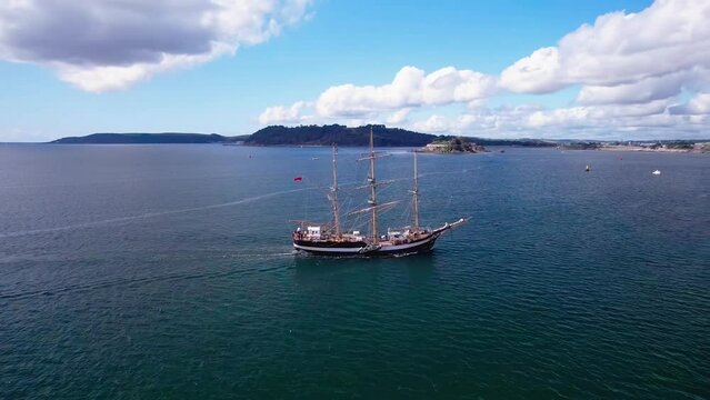 Beautiful Ship Sailing into Plymouth with an Aerial Orbital Drone Shot.