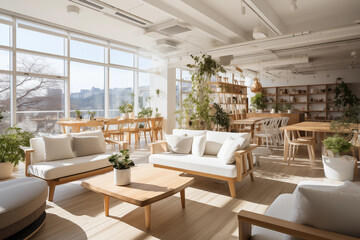 Co-Working Space interior design with minimalist style for work relaxation Sunlight.