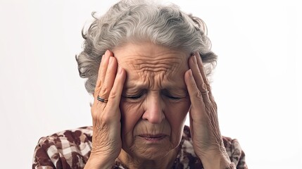 Elderly adult woman with migraine headache holding her head having pain.