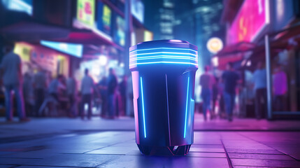 a close-up of neon recycle bin in the street, futuristic graphic