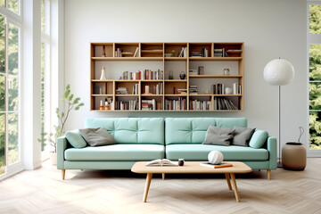 Modern living room interior design scandinavian style, aqua green sofa, rectangular coffee table, lamp and bookshelf with books with piece of carpet on Herringbone Wood Flooring