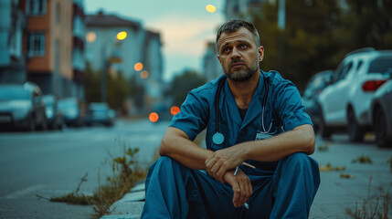 The upset doctor was unable to save the patient. Sitting on the street. - obrazy, fototapety, plakaty