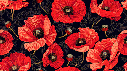 Red Poppies with a Black and Red Background seamless pattern