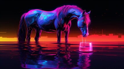 Obraz na płótnie Canvas Horse animal drinking water Neon light AI Generated pictures