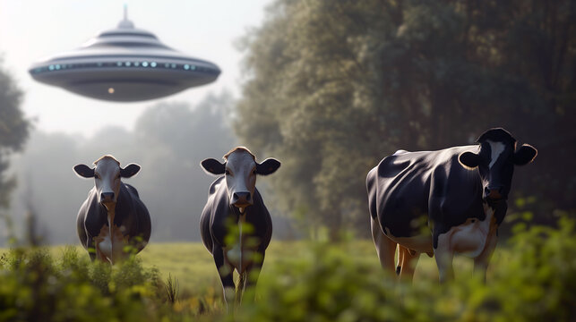 Alien spaceship hovering above curious cows in a foggy meadow at dawn