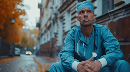 The upset doctor was unable to save the patient. Sitting on the street.