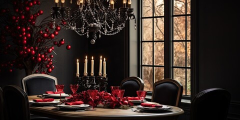 Elegant black chandelier over holiday dining area