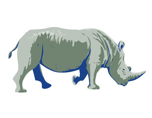 Art Deco or WPA poster of a white rhinoceros, square-lipped rhinoceros or Ceratotherium simum side view on isolated background done in works project administration style.
