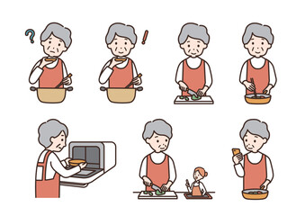 料理をするシニア女性のイラストセット