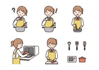 料理をする女子学生のイラストセット