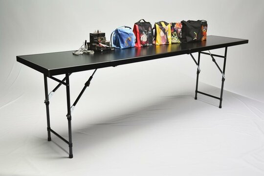 Adjustable cloth runner table for trade show exhibition advertising. Generative AI