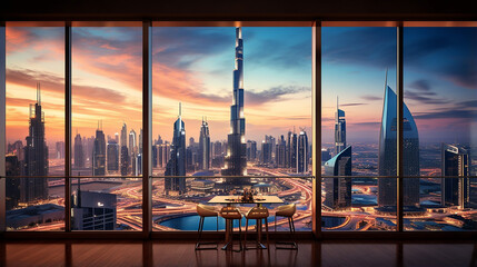 a beautiful skyline view with sunset of Dubai UAE as seen from Dubai Frame Burj Khalifa