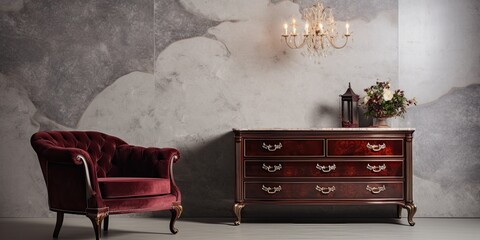 Opulent classic-style interior featuring marble flooring, stucco wall decor, and elegant furniture including a chest of drawers and velvet armchair.