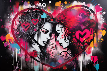two lesbians in love in a big heart in Valentine's Day graffiti style, Valentine's Day postcard, generative AI