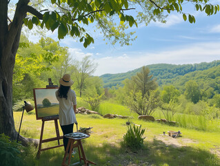 A Photo Of A Solo Artist Painting The Landscape From The Garden Of Their Countryside Artist Retreat