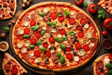 Fototapeta na wymiar pizza with peperoni, mushrooms and tomatoes, Generative AI.