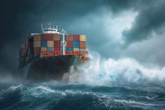It is observed that container ship floats with ocean during storm with large waves strong wind accompanying situation AI Generation