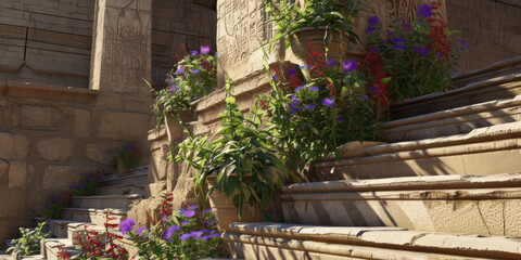 Fototapeta na wymiar plants are growing on some steps with ancient egyptian buildings, generative AI