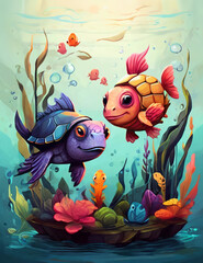 Underwater Adventures A Fish and Turtle's Tale in a Colorful, Polluted Pond - Whimsical Childlike Illustrations Unveil the Journey