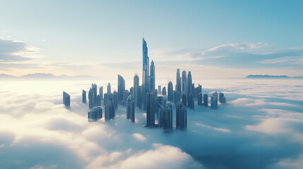 beautiful Dubai scene with aerial view of Dubai skyline morning mist hovering