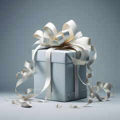 silver gift box with ribbon, a present box landing on a grey background with ribbons