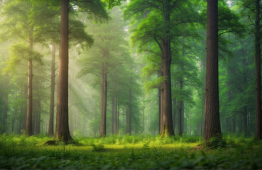 Fototapeta na wymiar morning in the forest illustration, generative ai