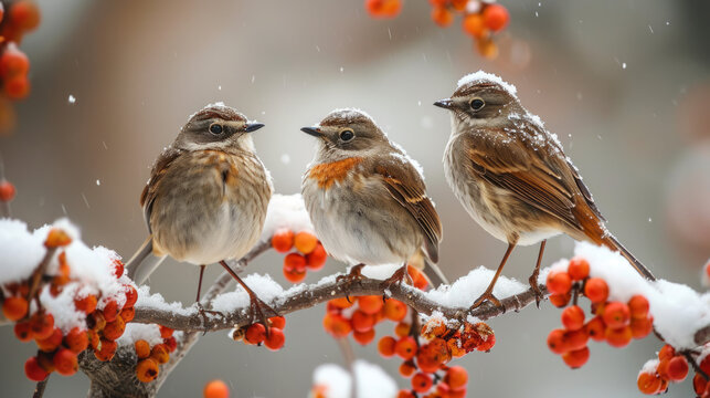Three small birds sit on a branch in winter.