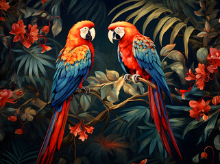 parrot on a branch, wallpaper jungle and leaves tropical forest mural parrot and flower branch