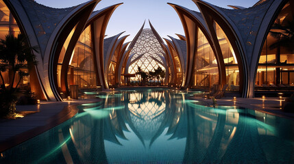 amazing architecture of tropical resort Dubai UAE with reflection - obrazy, fototapety, plakaty