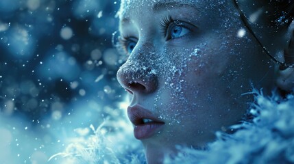 The snow princess gazes off into the distance, her skin glowing with a subtle blue tint and frosty sparks dancing around her cheekbones.