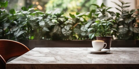 Marble table with cafe background.