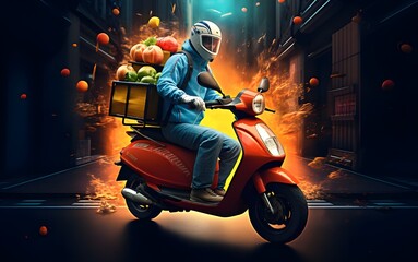 man rider with ride motorcycle to deliver fruit delivery. - obrazy, fototapety, plakaty