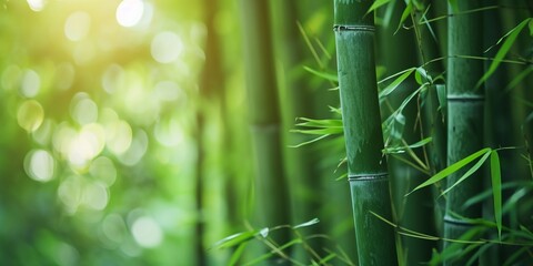 Close up of green bamboo forest background with copy space, spa and zen banner design.