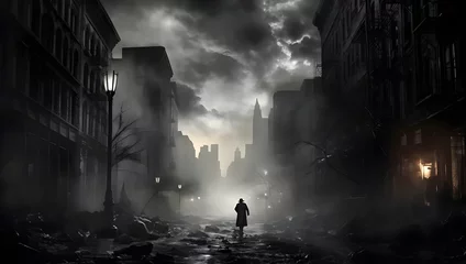 Fotobehang night storm 1913 manhattan new york jpg, in the style of muted tones, surrealism, lens flare, monochrome canvases, depiction of everyday life, smokey background, Generative AI. © KKOSHIL