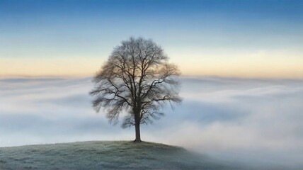 Lonely tree and fog on a hill against a blue sky