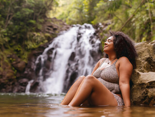 Blissful Woman with Natural Black Hair Relaxing in a Pristine Mountain Stream with a Waterfall