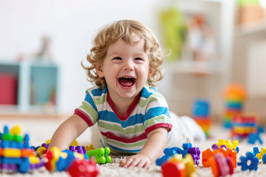 A laughing little child playing on the floor with toys