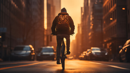 Man riding a bicycle on a road in a city street.