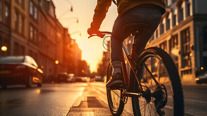 Man riding a bicycle on a road in a city street. - obrazy, fototapety, plakaty