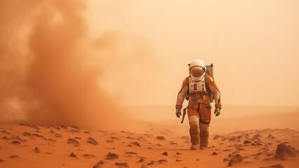 Astronaut researcher walking through a sandstorm.