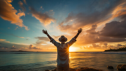 Fototapeta premium Young man's arms open at sunset enjoying freedom and life.