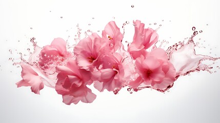 A realistic petals explosion with water on white background