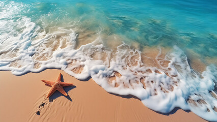 Starfish on the sand beach in clear sea water.