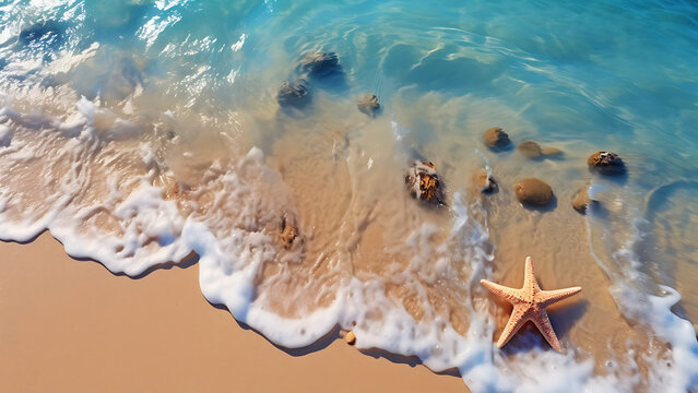 Starfish on the sand beach in clear sea water.
