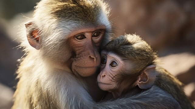 Monkey animal caressing its baby AI Generated pictures