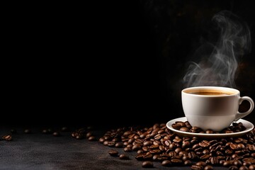 Cup of coffee and coffee beans on black desktop background, cafe background, coffee beans advertising, cafe menu