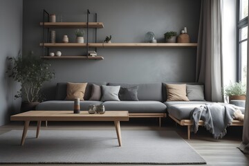 Grey living room interior with couch and shelf with decoration, panoramic window