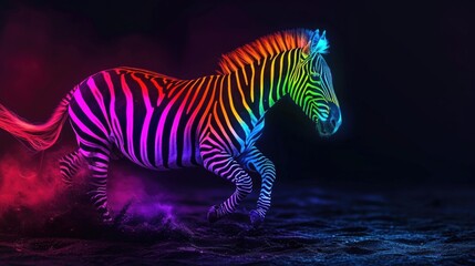 A neon rainbow zebra silhouette galloping across a dark plain its striped body lighting up the surrounding darkness